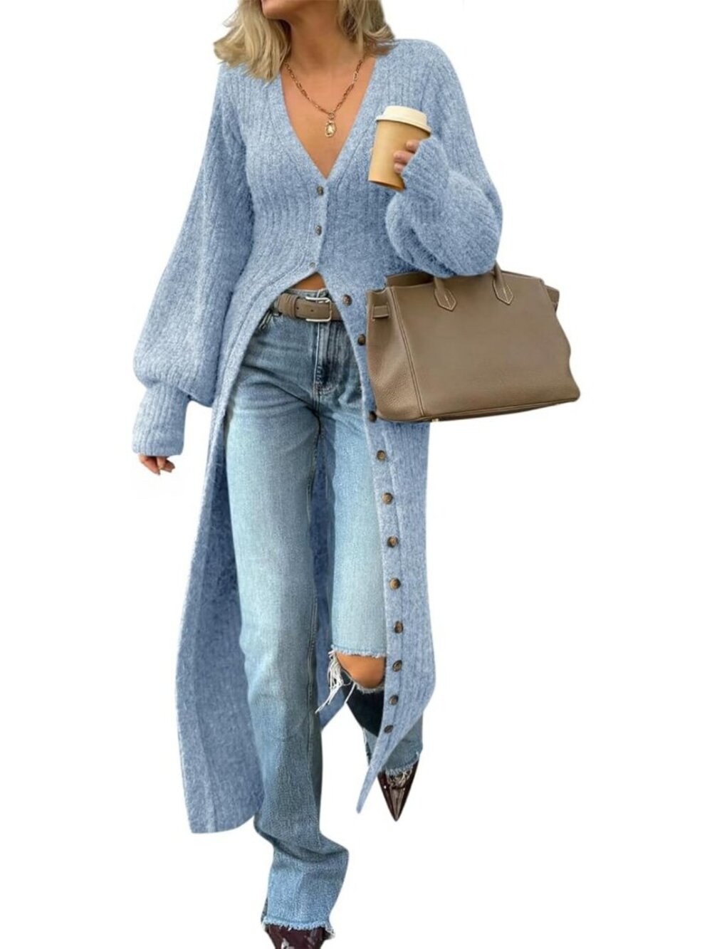 Chic Women's Long Duster Cardigan Maxi Sweater Dress with Button Details